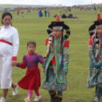 Mongolian ladies in their traditional costumes during naadam festival