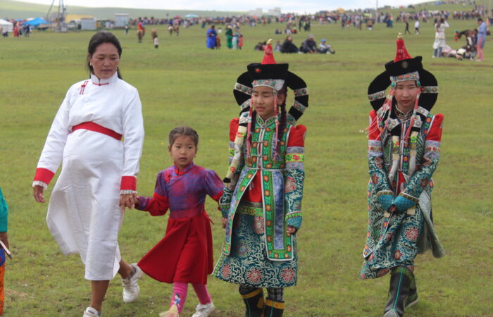 Mongolian ladies in their traditional costumes during naadam festival